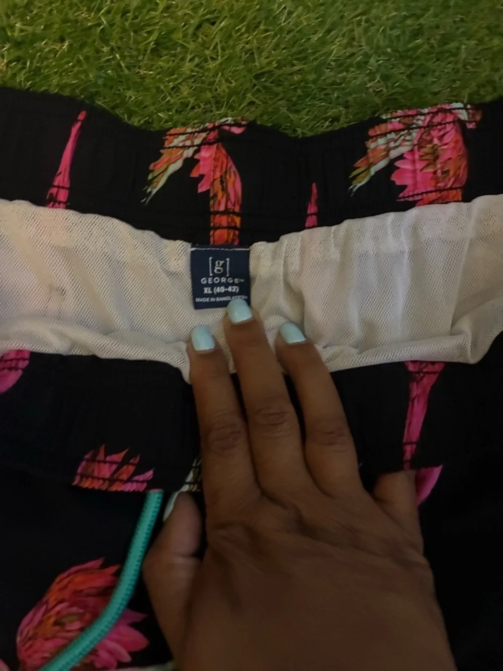 George Black Swim Shorts with Pink Floral Print and Turquoise Drawstring